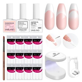 Saviland French Manicure Kit with Everything: French Nails Tool for Beginners French Tip Nail Stickers French Nail Brush White Gel Nail Polish Quick-Dry Gel Nail Lamp French Tips Guides for Nail Art