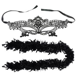 1 black feather strip and 1 lace eye mask, feather boa, feather python strip in black, suitable for birthday parties, festivals, and daily wear