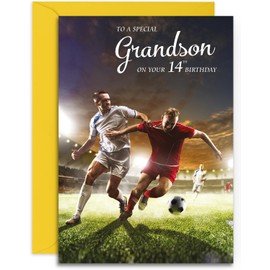 Grandson 14th Football Birthday Card - Medium Sized Card (A5 Size -148mm x 210mm) with Yellow Envelope