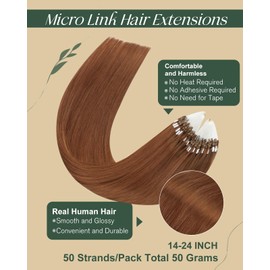 Ugeat Hair Extensions Micro Beads Human Hair Copper Micro Link Human Hair Extensions Auburn Microloop Extensions Human Hair 16 Inch Micro Hair Extension #330 50s 1g/s