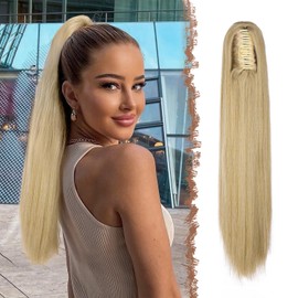 FESHFEN Long Ponytail Hairpiece - Straight Blonde Mixed Braid Extensions with Clip Synthetic Hair Extension Claw Clip in Ponytail Hair Extension for Women, 63 cm