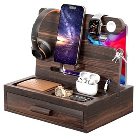 Sephyroth Wooden Phone Docking Station Nightstand Organizer Bedside Organizer Cell Phone Stand Gifts for Men, Dad Gifts for Christmas Gift for Boyfriend Gift for husband with Drawer Storage (Black)