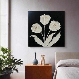 YaSheng Art-Wall Art for Living Room 100% Hand-Painted Flower Oil Painting On Canvas Black and White Thick Texture Minimalist modern Art Gallery Wrapped Framed Floral tulip Blossom Artwork for Home Bedroom 24x24inch
