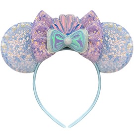 Bmobuo Mermaid Mouse Ears Headband for Women,Purple Scallop Mouse Ears Sequin Bows Headband Mouse Ears for Adult Park Ears