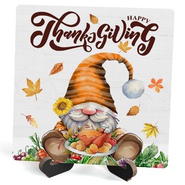 Fall Wood Plaque With Stand, Happy Thanksgiving Desk Sign Decor for Farmhouse Home Office Table Shelf, Rustic Thanksgiving Gnome Wood Sign Gifts for Women Men -05