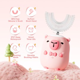 ELOTAME Kids Electric Toothbrush U Shaped - Cartoon Capybara with 6 Brush Heads Full Mouth Degree Cleaning Sonic Toddler Automatic Toothbrush with IPX7 Waterproof (Pink 2-14 Years)