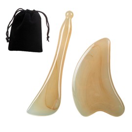 2 Pcs Gua Sha Massage Stones Tool,Natural Resin Scrapers for Face, Eyes,Neck,Body,Reduce Puffiness,Sculpt Jawline,Rejuvenate Skin（with Black Bag）