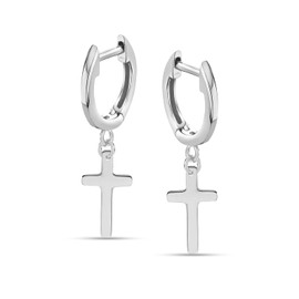 LeCalla 925 Sterling Silver Men's Cross Earrings | Lightweight Drop Dangle Religious Cross Earrings | Minimalist Huggie Hoop Earring for Men 28MM