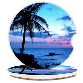 Ceramic Cup Holders Car Coasters for Women/Men,Absorbent Drink Cup Car Holder Coasters with A Finger Notch 2.56" Pack of 2,Tropical Ocean Beach Scene with Palm Trees