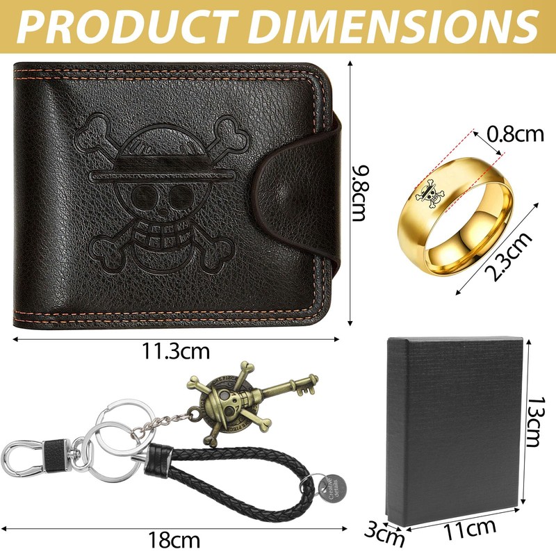 LbsAMP Leather Anime Wallet with Keychain and Skull Ring, Black
