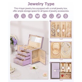 Homde Jewelry Box for Women Girls with Small Travel Case Mirror Necklace Ring Earrings Organizer (Grey Purple + Gold)