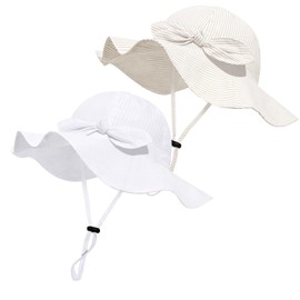Baby Girl Sun Hat with UPF 50+ Outdoor Adjustable Beach Hat with Wide Brim Bucket Hats (6-12 Months, White Beige Stripe 2pcs)
