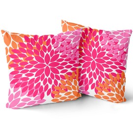 Kawani Preppy Hot Pink Orange Pillow Covers 16X16 Inches Dahlia Floral Geometric Decorative Pillowcase Set of 2 Aesthetic Square Throw Pillow Case Home Decor for Dorm College Girls Sofa Bedroom Couch