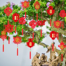 60 Pieces Chinese New Year Decorations Chinese Knot Pendant 3D Red Hanging Ornament Lucky Fu Pendants Lantern for Luna New Year Spring Festival Home Office Car Tree Decorations, 10 Designs