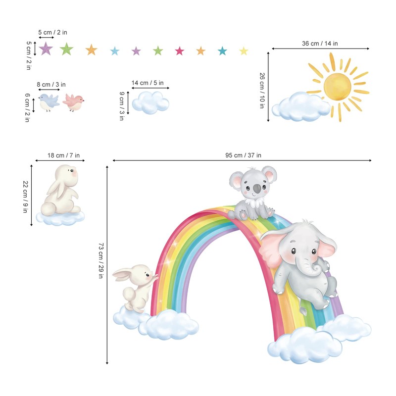decalmile Wall Sticker Rainbow Clouds Elephant Koala Rabbit Star Wall