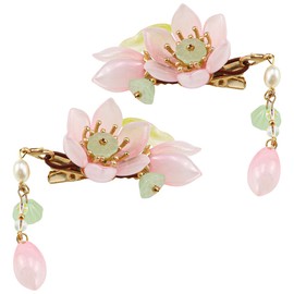 1 Pair Pink Handmade Lotus Hair Clips, Vintage Floral Hair Decoration for Hanfu, Chinese and Korean Fashion- Long Tassel Hair Claw Clips Hair Barrettes Accessories for Women Girls