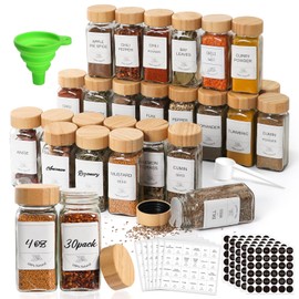 Homerove 30 Pack 4 oz Glass Spice Jars with Bamboo Lids, Empty Square Spice Containers with 319 Blank＆Printed Spice Labels, Collapsible Funnel for Kitchen Cabinet, Spice Rack
