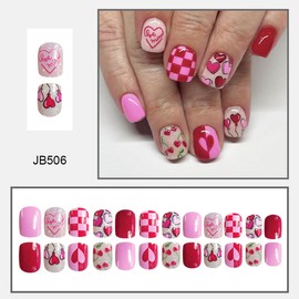 Valentines Press on Nails Short Square Fake Nails Pink Nails Press ons with Heart Plaid Design Cute Acrylic Nails Full Cover Glossy Glue on Nails Artificial Stick on Nails for Women Manicure 24 Pcs