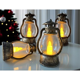 Vintage Design Plastic Hanging Tiny LED Lights Holiday Landscape Lanterns, Set of 4, Holiday Decorations, Indoor Porch Decorations with Button Batteries (Bronze Gold)