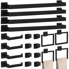 20-Piece Matte Black Bathroom Accessories Set – 23.6" Towel Bar, Towel Ring, Toilet Paper Holder & Hooks, Wall Mounted Bathroom Hardware, Rust & Corrosion-Resistant, Ideal for Modern Bathrooms