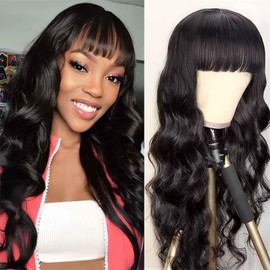 Black Wig With Bangs,Long Wavy Wig for Women,26 Inch Synthetic Curly Wavy Natural Black Bang Wig for Girls Daily Party Use