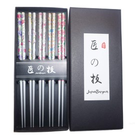 JapanBargain 4513, Bamboo Chopsticks Reusable Japanese Chinese Korean Wood Chop Sticks Hair Sticks 5 Pair Gift Boxed Set Dishwasher Safe, 9 inch (Silver-Flora)
