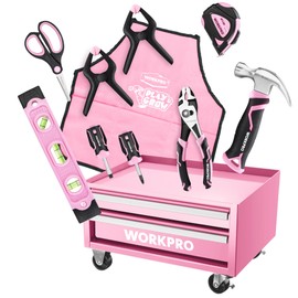 WORKPRO Pink Real Tool Set for Kids with 12 Inch Mini Steel Tool Box with Wheels, 10PCS Kids Real Tools with 2 Drawers Desk Metal Rolling Tool Chest, Children's Tool Kit for Home DIY- Pink Ribbon