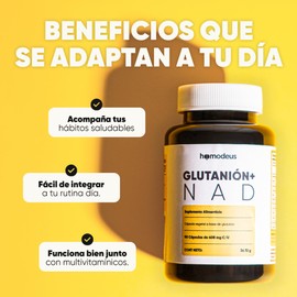 Glutatión 500 mg + NAD+ 200 mg con NAC, ALA, CoQ10 y Resveratrol | Suplemento Antioxidante en Cápsulas Veganas para Rutina Diaria y Bienestar Integral | Fórmula para Adultos | 90 Cápsulas | Homodeus