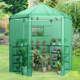 Giantex 7 x 6 x 7.5 FT Greenhouse, Large Hexagonal Walk in Greenhouse Outdoor with Heavy-Duty Metal Frame, 2-Layered Roll-up Windows, Ground Stakes, All-Weather PE Cover