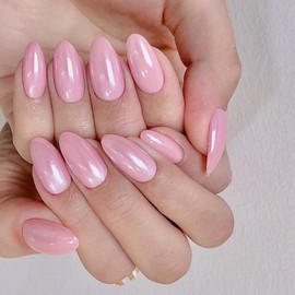 Pink Chrome Press On Nails - 24pcs Aurora Almond False Nails Short Medium - Natural Elegant Glitter Shine Fake Nails With Glue - Removable Stick On nails For Women Girls Nail Art Daily & Party Wear