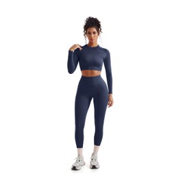 SUUKSESS Women 2 Piece Workout Sets Hidden Scrunch Hip Lifting Seamless Leggings Long Sleeve Yoga Crop Tops High Waisted Yoga Pants (Navy Blue, XS)