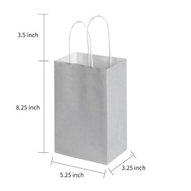 Oikss 50 Pack 5.25x3.25x8.25 Inch Small Gray Kraft Paper Bags with Handles Bulk for Birthday Wedding Party Favors Grocery Retail Shopping Business Goody Craft Gift Bags Sacks (Silver Grey 50 Count)