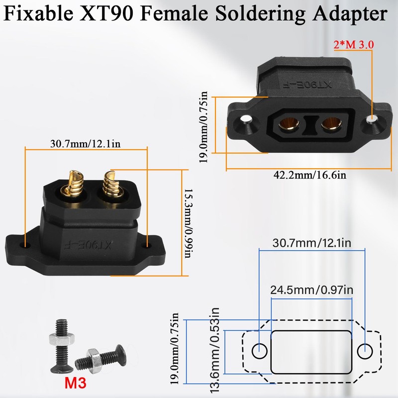 QIANRENON Fixable XT90 Female Soldering Adapter Gold Plated XT90E-F Panel
