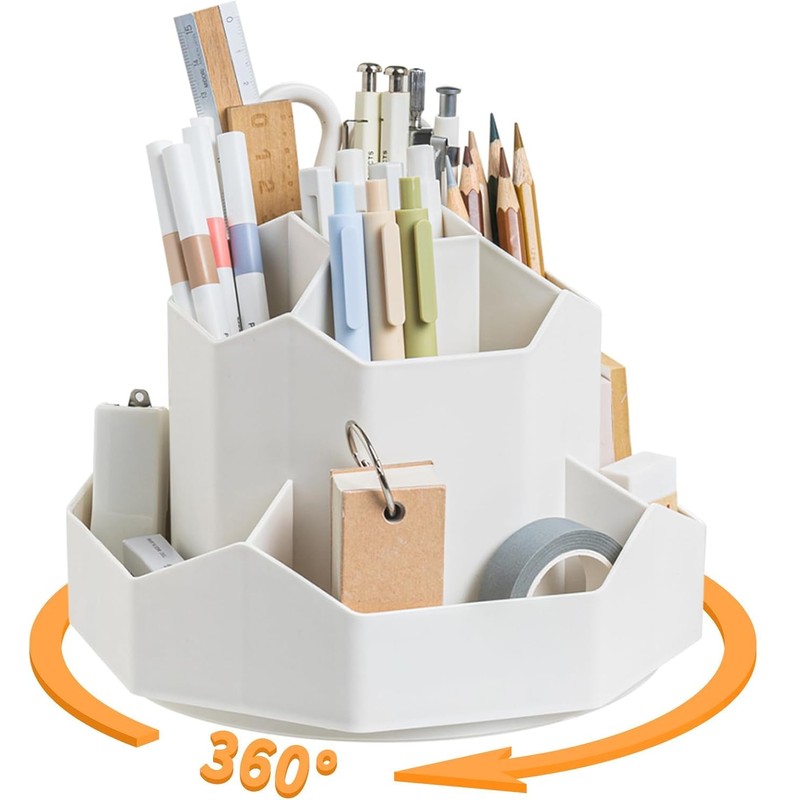 360-Degree Rotating Desk Organiser, White Multi-Compartment Storage Caddy for Stationery