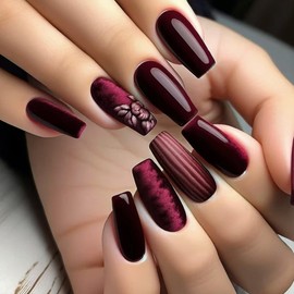 24Pcs Dark Red French Press on Nails, Medium Long Coffin False Nails, Removable Full Cover Stick on Nails in 12 Sizes, Natural Solid Color Manicure Kit for Women Girls Daily Party Wear