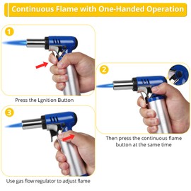 TBTEEK Butane Torch with Fuel Gauge T907, One-hand Operation Kitchen Torch Lighter with Adjustable Flame for BBQ, Baking, Brulee Creme, Crafts and Soldering(Butane Gas Not Included), Blue