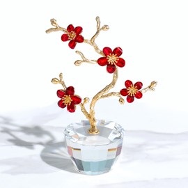Ornalrist Red Crystal Plum Blossom with Golden Metal Flower Stem Crystal Decor Collectible Figurines, Christmas Birthday Gifts for Women Bedroom Living Room Home Decor
