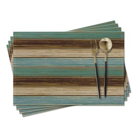 Cloth Placemat 18 x 12 Inches,100% Cotton Linen Set of 4 Decorative Washable Place Mats Table Placemat for Dining,Kitchen & Camping,Retro Wooden Board Old Rustic Style,Blue Brown