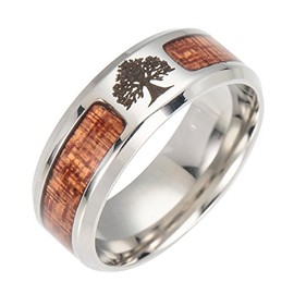 PAMTIER Men's 8MM Tree of Life Inlaid Wood Stainless Steel Band Ring Size U