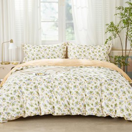 SAPHREAS Green Floral Duvet Cover Set King Size 3pcs Soft Breathable Yellow Flowers Bedding Comforter Cover Set 100% Cotton 1 Duvet Cover 104"x90" 2 Pillow Shams, Comforter Not Included