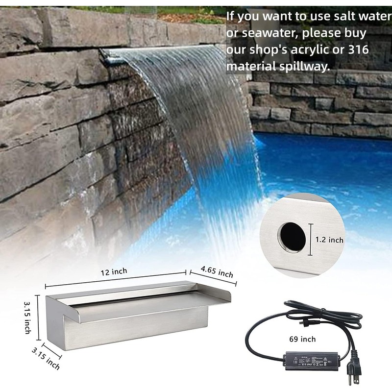 YUDA 12" LED Pool Water Spillway W/ 7 Color Changing