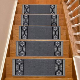 Stair Treads Skid Slip Resistant Backing Indoor Carpet Stair Treads Trellis Border Design 8 ½ inch x 26 ¼ inch (Set of 15, Grey Black)
