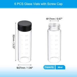 PATIKIL 6pcs 30ml Small Clear Glass Vials with Black Screw Cap, Borosilicate Glass Graduated Sample Bottles for Solid Liquid Powder Storage