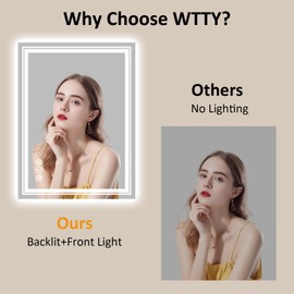 WTTY 24x32 Inch LED Bathroom Mirror, Backlit and Front Light LED Mirror for Bathroom, Anti-Fog Lighted Bathroom Vanity Mirror Modern for Wall,Stepless Dimmable, Memory Function,Shatter-Proof