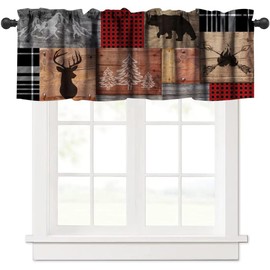 Retro Rustic Valance,Vintage Bear Deer Hunting Wildlife Blackout Curtain Valance,Black Red Plaid Check Western Country Short Window Treatments for Bedroom Living Room Kitchen,54x18in