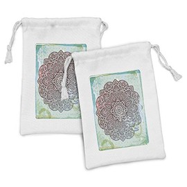 Lunarable Mandala Fabric Pouch Set of 2, Grungy Eastern Pattern Nature Floral Petals and Polka Dots Background, Small Drawstring Bag for Toiletries Masks and Favors, 9" x 6", Turquoise Maroon