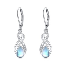 Moonstone / Abalone Hoop Earrings 925 Sterling Silver Moonstone / Abalone Leverback Drop Earrings Hanging Rainbow Moonstone / Abalone Jewellery Women Girls, Sterling Silver, Moonstone