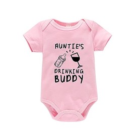 Infant Baby Boy Girl Bodysuit Auntie Love Me Letters Print Newborn Jumpsuit Outfit Clothes (Auntie's Drinking Buddy-pink, 0-3 Months)