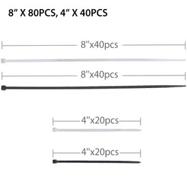 Neetto 120 Pcs Assorted Sizes Nylon Small Zip Ties 8 inch & 4 inch, Black & White, Self Locking Plastic Cable Ties Wrap Management Organizer for Home Office Garden Garage & Workshop
