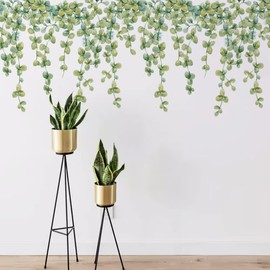 Mestiker Decorative Plants Wall Sticker Green Rattan Leaves Wallpaper Sticker Removable Stylish Scandinavian Living Room Wall Sticker Waterproof Wall Decor Rental Home Wall Sticker Decoration